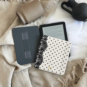 Personalized Kindle Case, Black Lace Print Polka Dot Kindle Cover, Custom Name E-Reader Case, Book Lover Gift for Her