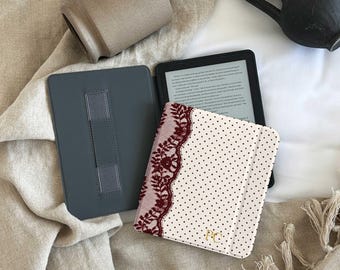 Personalized Burgundy Lace Kindle Case, Vintage Polka Dot Cover, Paperwhite 12th 11th Auto Wake Sleep, Reader Gift for Her