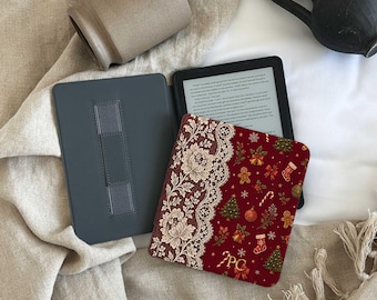 Christmas Lace Kindle Case, Burgundy Holiday Cover, Paperwhite 12th 11th, Colorsoft, Personalized Book Lover Gift