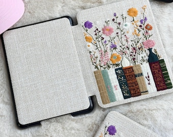 Embroidered Kindle Case, Wildflower Book Stack Cover, Cottagecore Floral Ereader Case, Paperwhite 12th 11th, Book Lover Gift