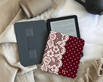 Burgundy Lace Kindle Case, Vintage Floral Polka Dot Ereader Cover, Coquette Kindle Paperwhite Case, Book Lover Gift