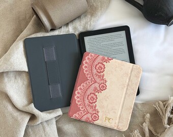 Funda personalizada de encaje para Kindle, funda floral vintage para Paperwhite, funda Coquette para lector electrónico con iniciales y correa de mano.