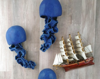 Large Wall sculpture, Cobalt Blue Jellyfish. Set of 3 art installation. Large wall art. Matte blue bathroom. Sea mermaid wall decor. Indigo
