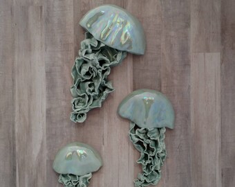 Modern wall art. Aura iridescent Jellyfish ceramic wall sculpture. Set of 3 art installation. Large wall art. Bathroom mermaid wall decor.