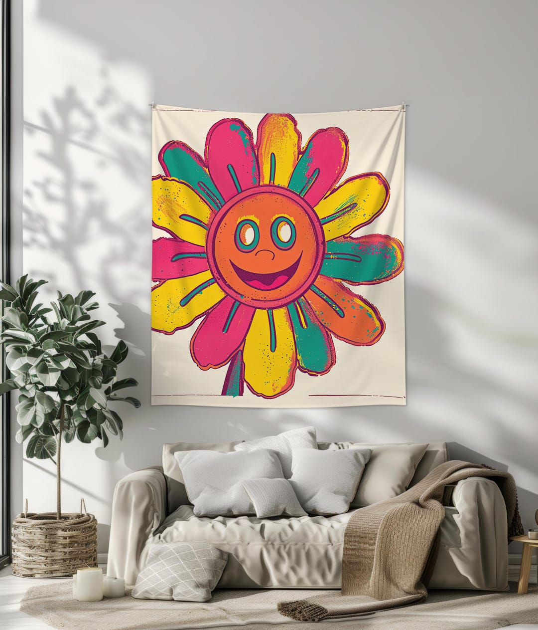 Psychedelic Flower Smiley Face Poster | Vibrant Retro Art | Neon Pop ...