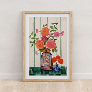 Impresión de flores en jarrón con rayas verdes / arte de pared imprimible, arte de pared botánico, póster, decoración de pared, descarga digital, arte de pared digital