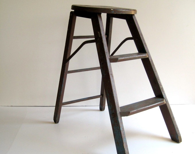 Vintage Wood Step Ladder Rustic Stool / Early 20th Century / Industrial ...