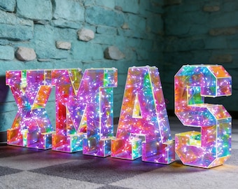 XMAS Marquee Sign - 4ft/3ft/2ft Iridescent Glow Letters| Snowflake LED Lights | Christmas Party Backdrop | Custom Colors