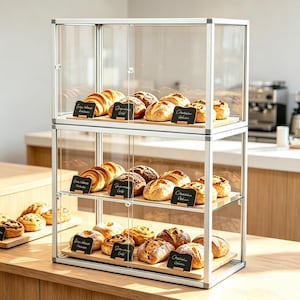 May include: A clear glass display cabinet filled with an assortment of baked goods, such as croissants and loaves of bread. Each shelf has a wooden base and small chalkboard signs. The cabinet is in a bakery setting.