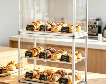 Countertop Acrylic Pastry Display Case with Metal Frame, Bread Holder for Bakery & Retail