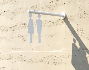 Panneau de toilettes double face à suspendre, panneau minimaliste en métal pour toilettes hommes et femmes, signalétique murale pour espaces commerciaux et hôteliers