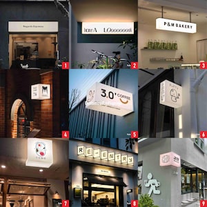 以下が含まれることがあります： さまざまな店舗の電光看板のコレクション。「Regards Espresso」、「P&M Bakery」、「3.0' Coffee」、「Puppy」などの看板があります。その他の看板は、さまざまなビジネスやブランドを紹介する、様式化されたテキストとグラフィックを表示しています。