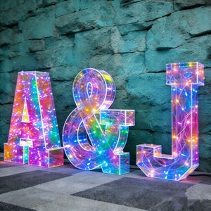Puede incluir: Se muestran tres letras iluminadas, "A", "&" y "J". Las letras son transparentes con un diseño geométrico y llenas de luces de colores. Las letras están de pie sobre una alfombra gris frente a una pared azul texturizada.