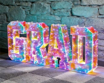GRAD Iridescent Glow Letters-LED Graduation Sign | School Colors| Class of 2026 |  | 3ft/4ft Light Up Letters | Photo Backdrop | Party Deco