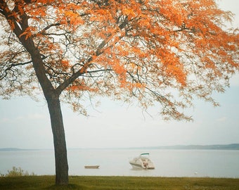 Autumn View with boats photograph wall decor