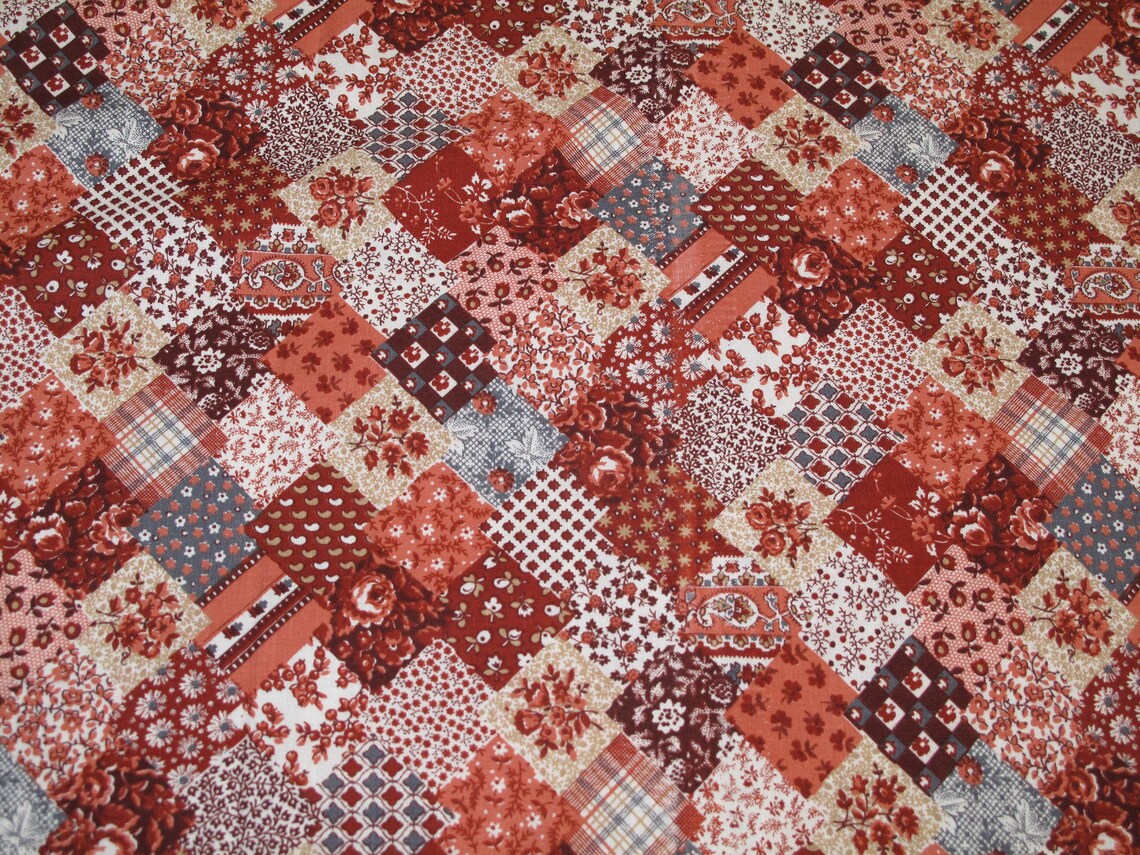 Vintage Quilt Look Fabric Red Orange Brown Mid Century Modern Etsy