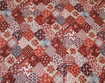 Vintage Quilt Look Fabric Red Orange Brown Mid Century Modern Shabby Cottage Chic French Country Romantic  Retro Great For Valances