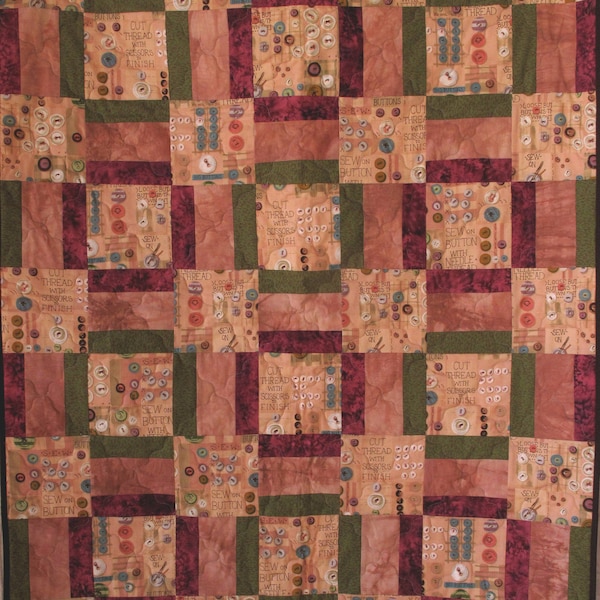 Seamstress Lap Quilt Vintage 36 x 46 Country Pink Green Brown Peach Sewing Room Notions Gift For Crafter