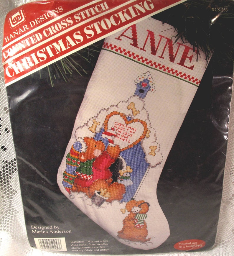 Banar Designs Vintage Marina Anderson Christmas Teddy Bear Dog Cat Stocking Cross Stitch Kit New Unopened