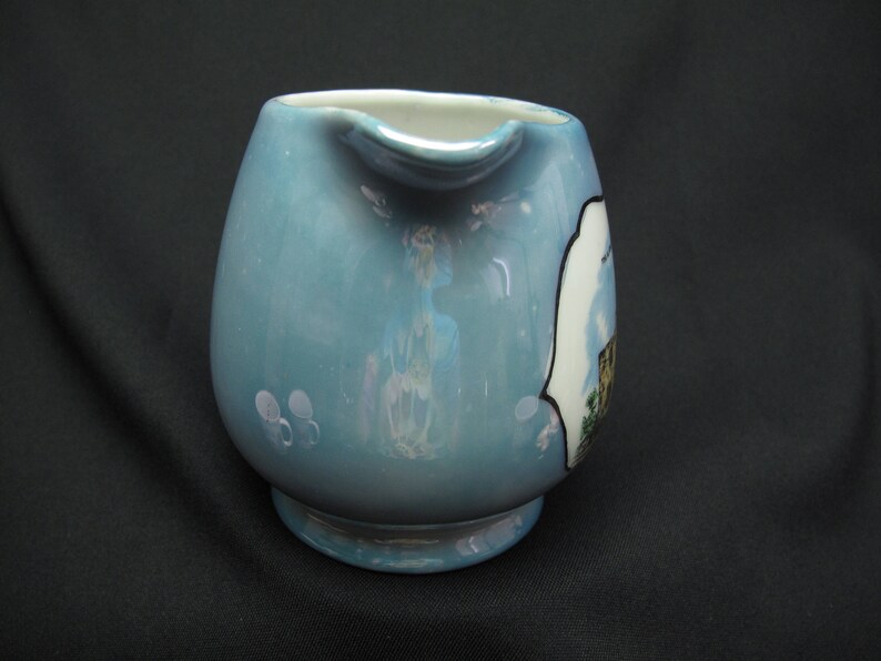 Vintage Texas Centennial 1836 Porcelain Blue Lusterware Cream Pitcher The Alamo Built 1718 San Antonio Texas Made In Japan Collectible