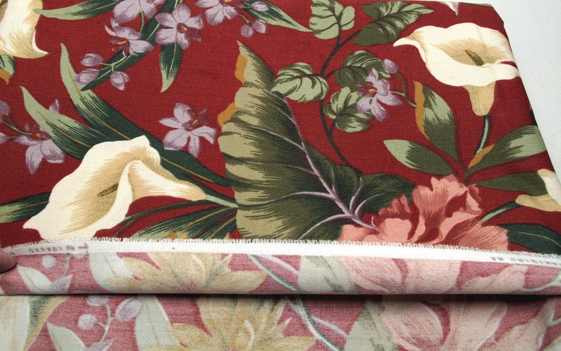 Four Yards Vintage Dark Red Floral Fabric Flowers Shabby Cottage Chic Farmhouse French Country Home Decor Material