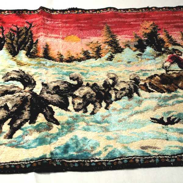 Alaskan Dog Sled Tapestry Vintage Carpet 1950's Plush Velvet Rug Wall Hanging