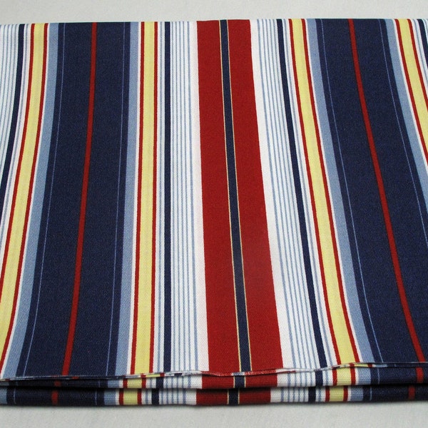 Vintage Beach Cottage Porch Upholstery Fabric Blue Yellow Red White Stripe Material Picnic Sailboat Summertime