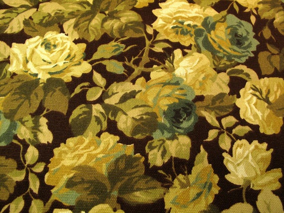 Vintage Cotton Fabric 1960/'s Floral Yellow Avocado Green Brown Roses Flowers