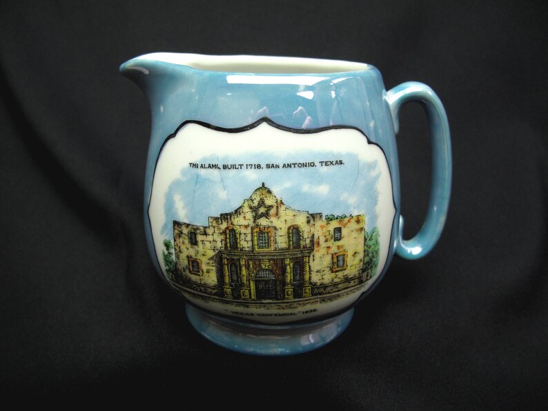 Vintage Texas Centennial 1836 Porcelain Blue Lusterware Cream Pitcher The Alamo Built 1718 San Antonio Texas Made In Japan Collectible