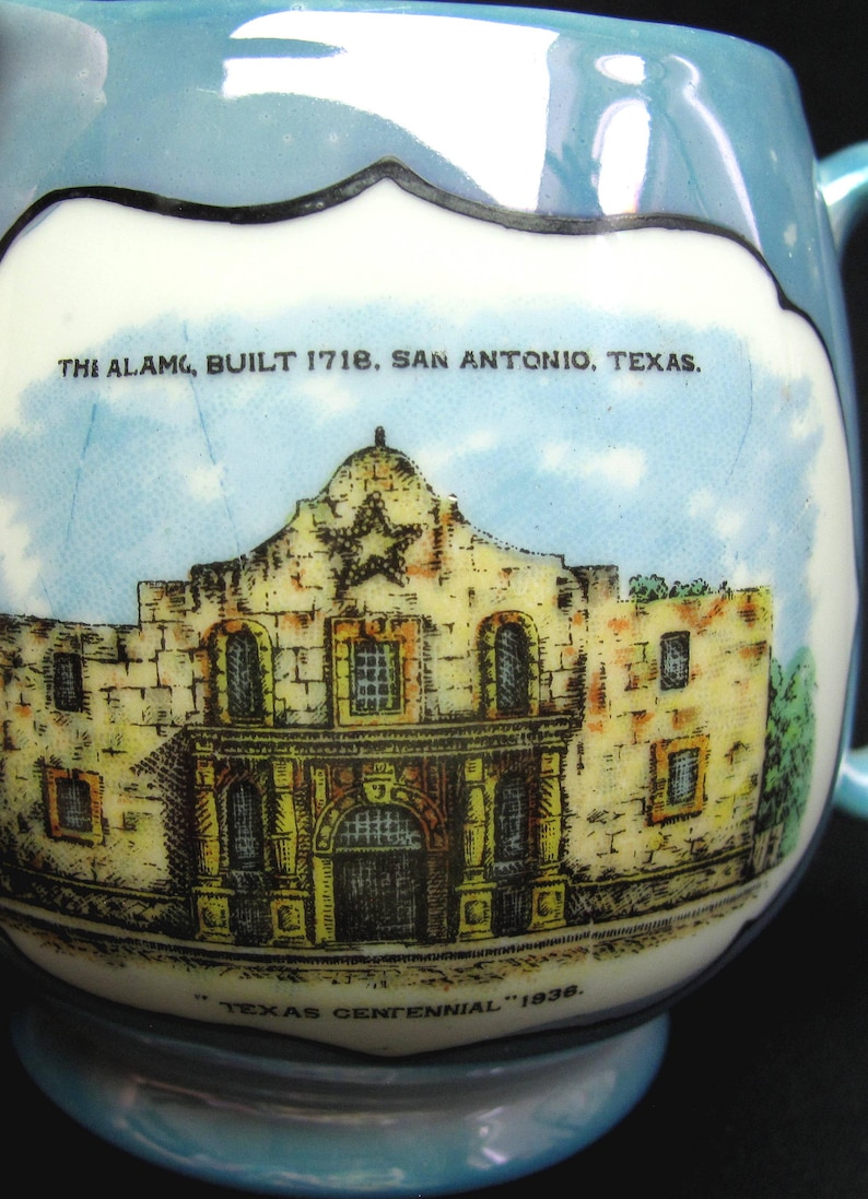 Vintage Texas Centennial 1836 Porcelain Blue Lusterware Cream Pitcher The Alamo Built 1718 San Antonio Texas Made In Japan Collectible