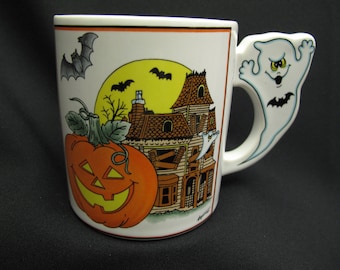 Vintage Halloween Ghost Coffee Mug Tea Cup Shabby Cottage Chic Retro Jack O Lantern Haunted House