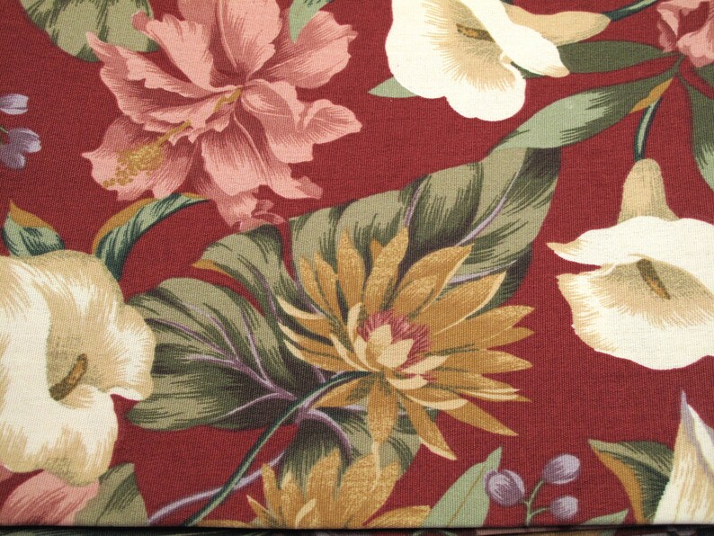 Four Yards Vintage Dark Red Floral Fabric Flowers Shabby Cottage Chic Farmhouse French Country Home Decor Material
