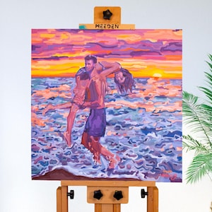 Couple Playing On The Beach At Sunset Painting by Alexis Hartog| Original Oil Painting