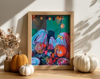 Pode incluir: Uma obra de arte emoldurada com uma cena de Halloween com fantasmas e abóboras. A pintura mostra fantasmas usando óculos de sol e abóboras com rostos esculpidos. A obra de arte está em uma moldura de madeira, com abóboras na mesa.