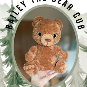 May include: A brown plush bear cub toy with a soft, velvety texture, round ears, a light brown muzzle, and green eyes. The text BAILEY THE BEAR CUB is arched above the bear, with the social media handle @sewadorablecrochet visible below.
