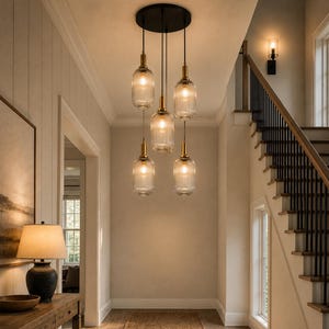 Reeded Glass Multi-Pendant Light: Long Chandelier for High Ceilings