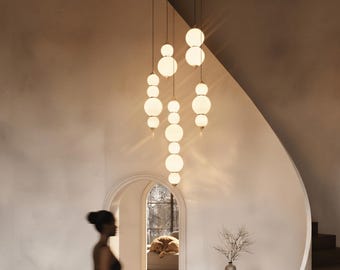 Modern Glass Globe Staircase Chandelier Pendant Light for Kitchen Island Dining Entryway Large Hanging Fixture, Contemporary Chandelier