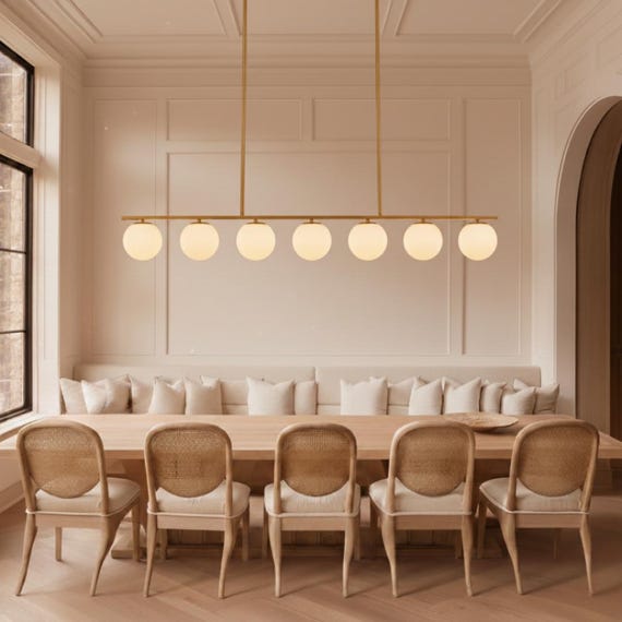 Modern Linear Chandelier Dining Room Lighting: Globe Glass Pendant Ceiling Lights, Custom Kitchen Island XL Chandelier, Adjustable Height