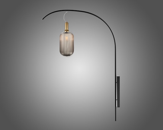 Smoke Gray Minimalist Wall Sconce, Custom Glass Wall Lamp, XL Wall Lamp, Black-Brass Fixtures