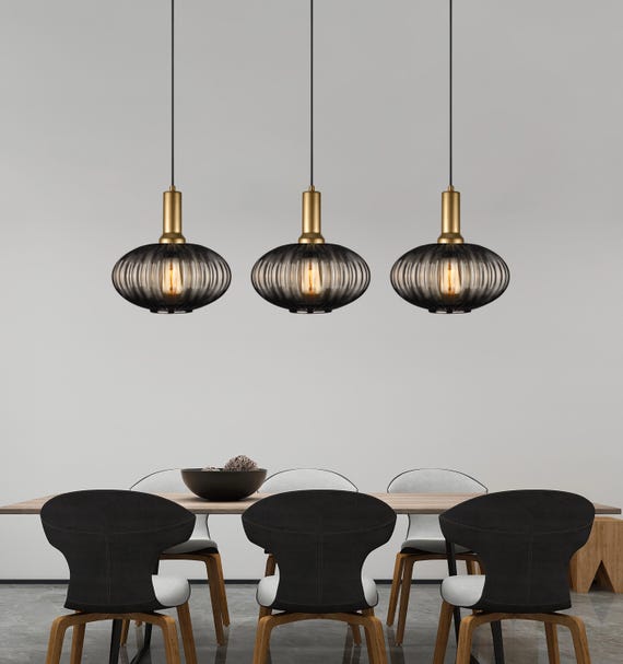 Organic Modern Smoke Gray Ribbed Glass Pendant Light, Pleated Glass 3- Piece Cluster Light, Adjustable Height, Customizable Details Fixtures