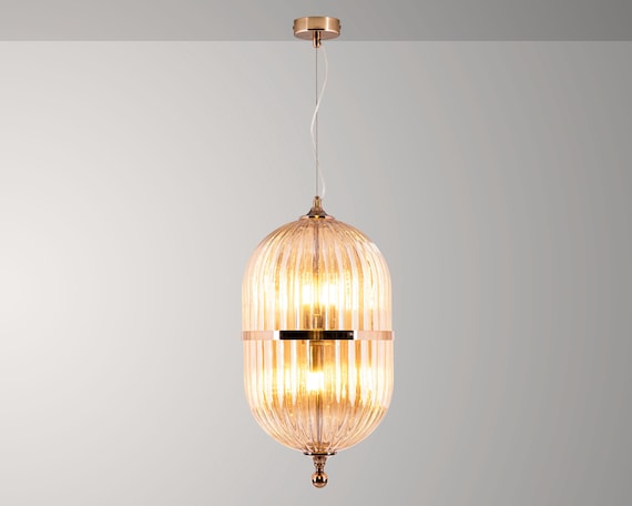 Vintage Ribbed Amber Glass Pendant Light, Custom Made Glass for Kitchen Island Chandelier, Scandinavian Style, Reeded - Plated - Dimmable