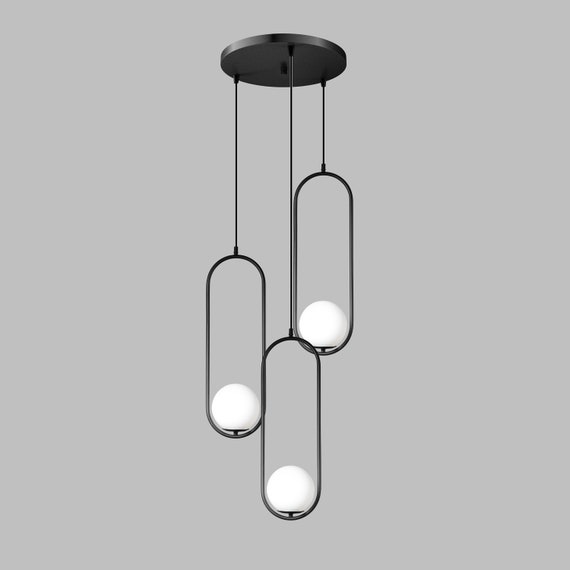 Modern Multi Pendant Staircase Light: Wrought Iron Chandelier with Opal White Glass