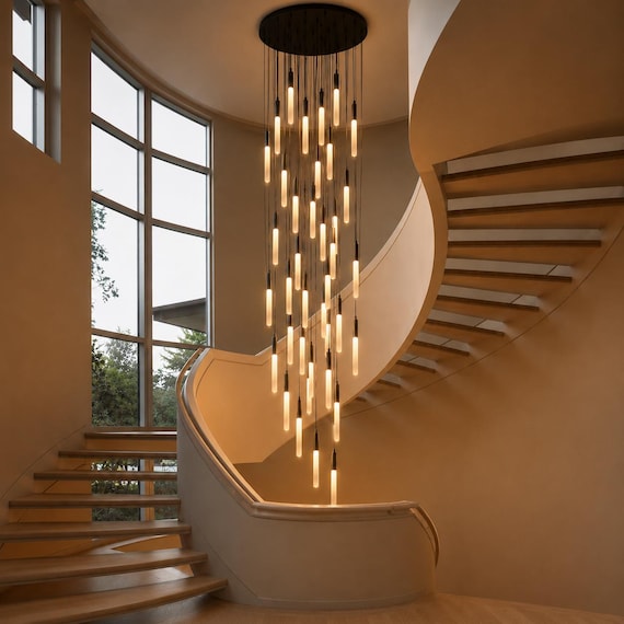 Frosted  Tube Modern Multi Pendant LED Light | Customize High Ceiling Chandelier,  Large Stairwell Fixture