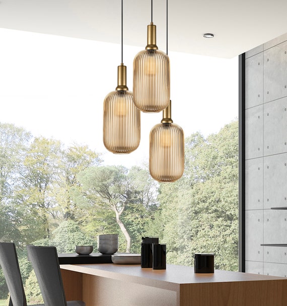 XL Amber Ribbed Glass Multi Pendant Light for Stairs, Mid-Century Modern Custom made Chandelier Light for Architects and Interior Designers