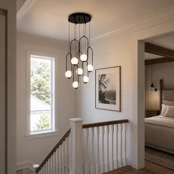 Modern Staircase Chandelier, Black Multi Pendant Light, Nordic Style Stairwell Lighting