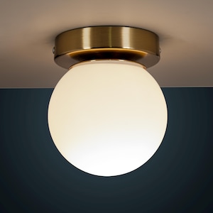 Mid Century Opal Globe Flush Mount Light - Brass Ceiling Lamp