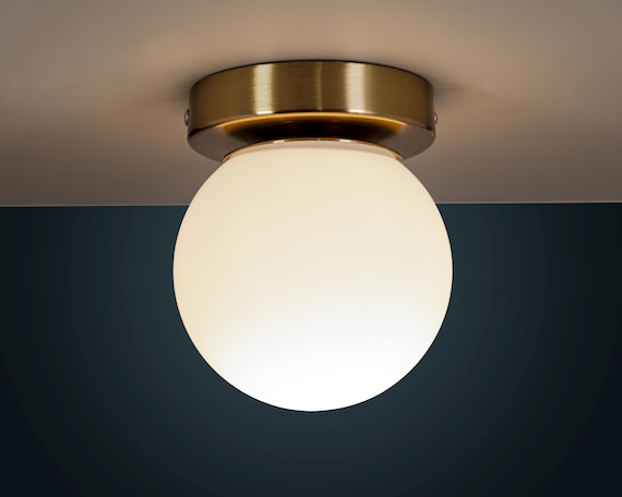 Mid Century Flush Mount Light, Custom Made Brass and Opal Globe Ceiling Lamp, Modern Lighting for Hallway, Entry, Bedroom, Multiple Sizes