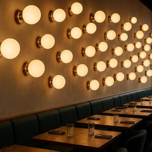 Könnte beinhalten: Innenraum eines Restaurants mit einer Wand, die mit zahlreichen runden, leuchtenden Kugellampen geschmückt ist. Darunter erstreckt sich eine Reihe von Tischen mit Gedecken und dunkelgrünen Sitzgelegenheiten entlang der Wand. Im Hintergrund ist ein Fenster zu sehen.