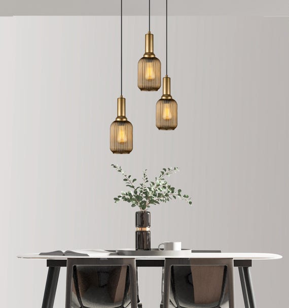 Amber Ribbed Glass Modern Pendant Lighting, Custom Glass Pendant Lighting, Elegant Multi Lighting for Stairwell Long Chandelier