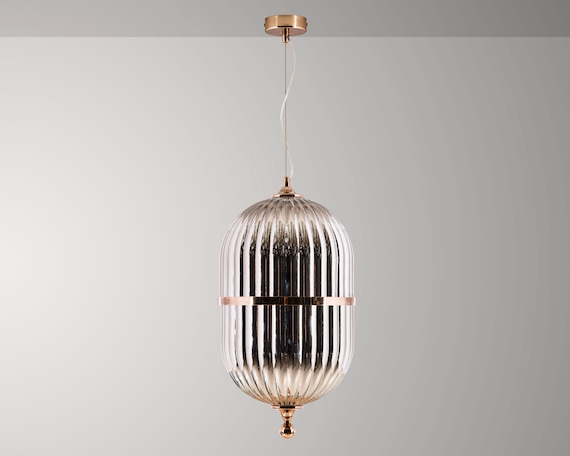 Smoke Gray Ribbed Glass Vintage Pendant Lighting, Custom Made Glass for Stairwell Long Chandelier, Nordic Style Home, Trending Lighting